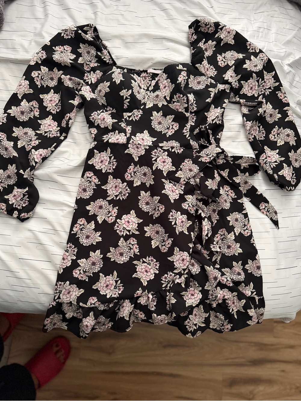 Black Floral Wrap Mini Dress with Puff Sleeves